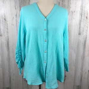 Foxcroft NYC Aqua Button Front 100% Cotton Gauze Blouse Size L